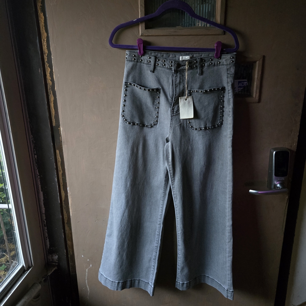 Easel Gray Wide Leg Jeans with Stud Accents